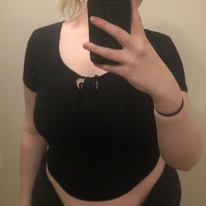 Black ribbed tie front crop t-shirt